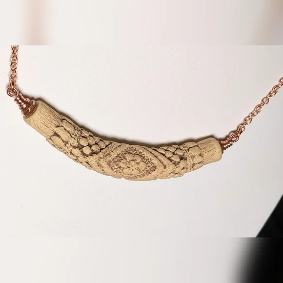 Vintage Embossed Ceramic Bar Necklace Artisan Crafted Jewelry Pure Copper Chain - Picture 14 of 16